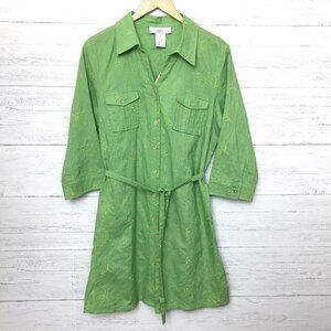NEW Susan Graver Women's Green Linen Blend Shirt Dress Button Front Belted M